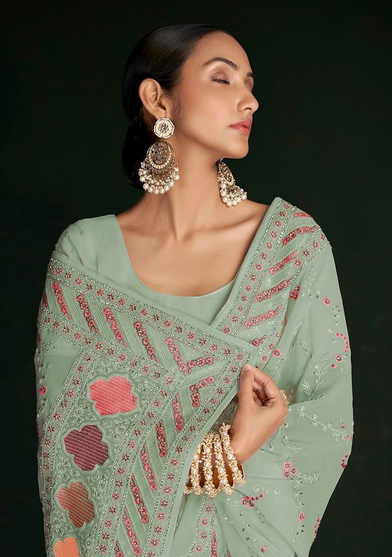 Green Embroidered Poly Blend Saree Set With Blouse