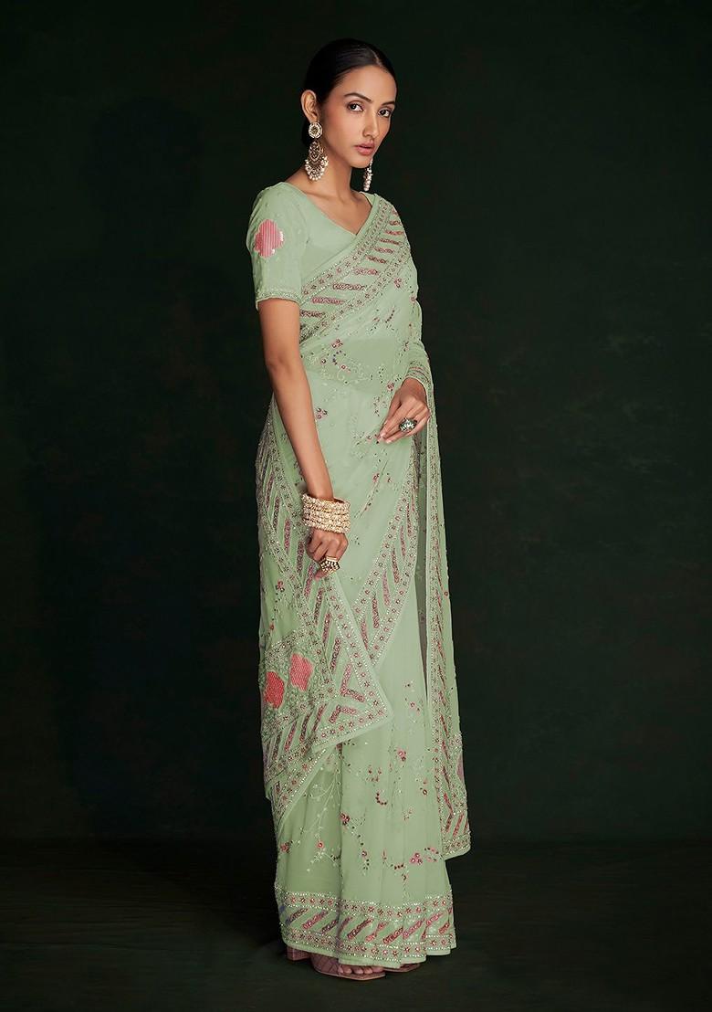 Green Embroidered Poly Blend Saree Set With Blouse