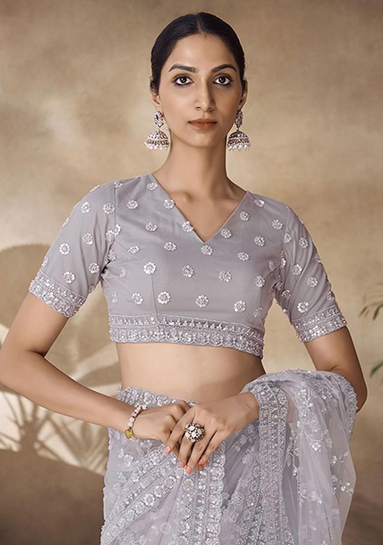 Grey Embellished Poly Blend Saree Set With Blouse