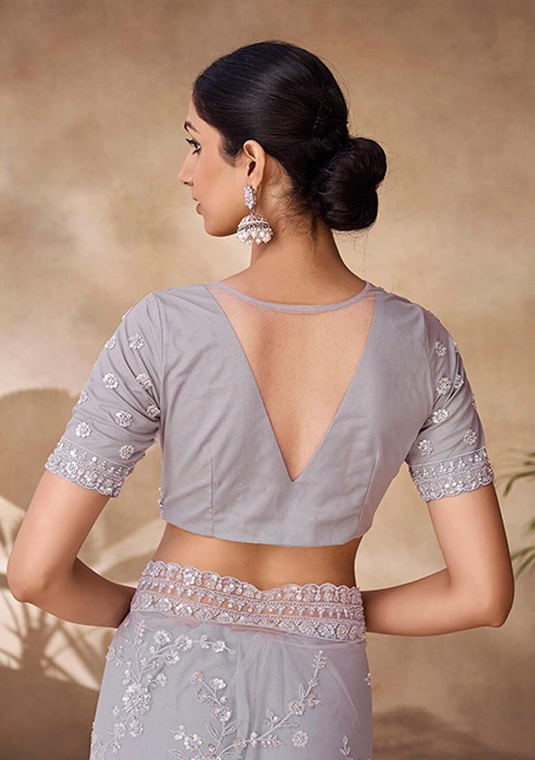 Grey Embellished Poly Blend Saree Set With Blouse