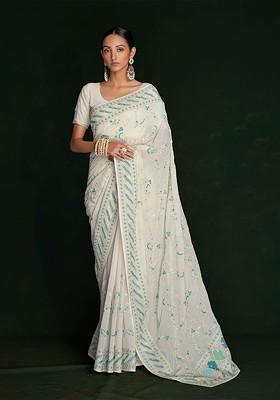 White Embroidered Poly Blend Saree Set With Blouse