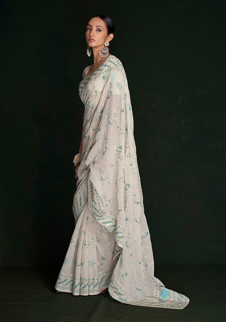White Embroidered Poly Blend Saree Set With Blouse