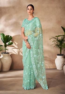 Sea Green Embellished Poly Blend Saree Set With Blouse