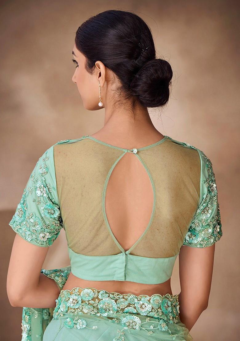 Sea Green Embellished Poly Blend Saree Set With Blouse