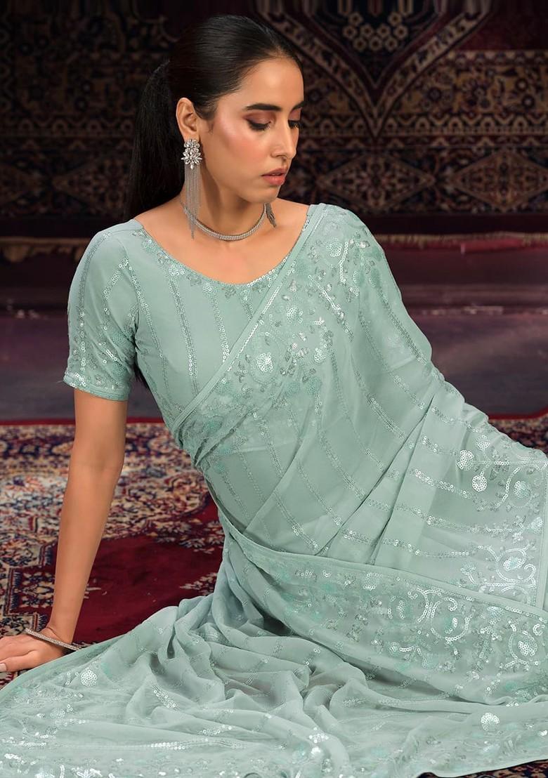 Sea Green Embellished Poly Blend Saree Set With Blouse