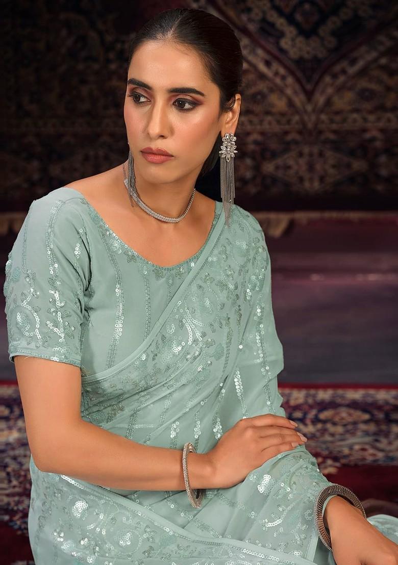 Sea Green Embellished Poly Blend Saree Set With Blouse