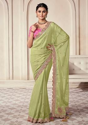 Green Embroidered Poly Blend Saree Set With Blouse