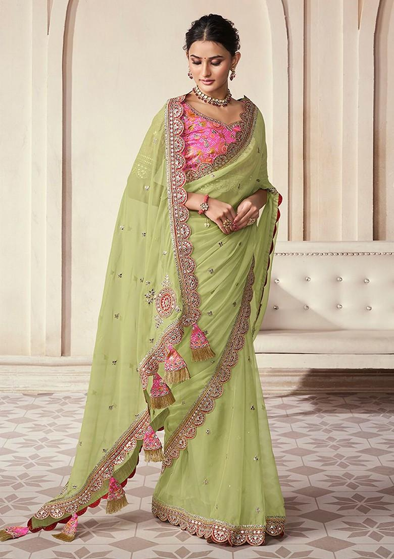 Green Embroidered Poly Blend Saree Set With Blouse