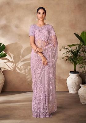 Lavender Embellished Poly Blend Saree Set With Blouse