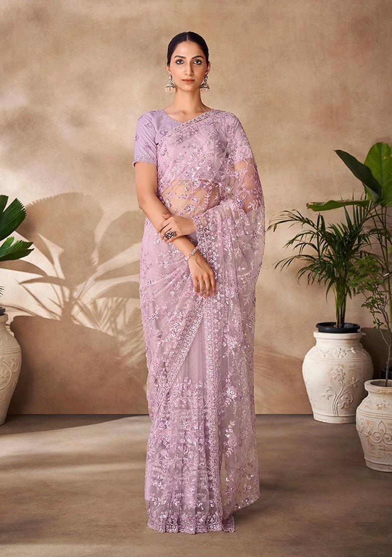 Lavender Embellished Poly Blend Saree Set With Blouse