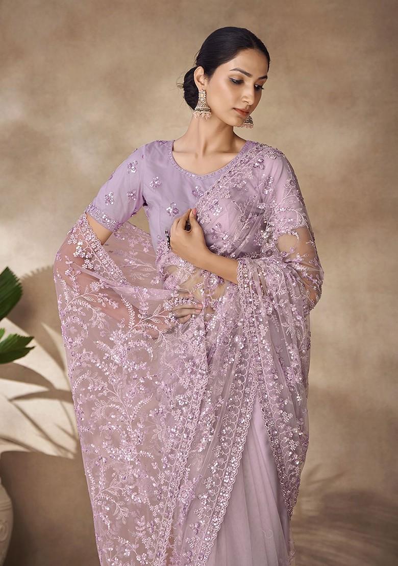 Lavender Embellished Poly Blend Saree Set With Blouse
