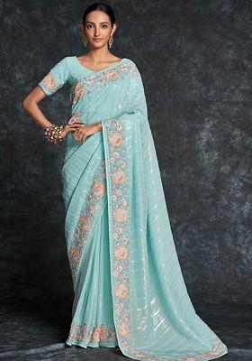 Blue Embroidered Poly Blend Saree Set With Blouse