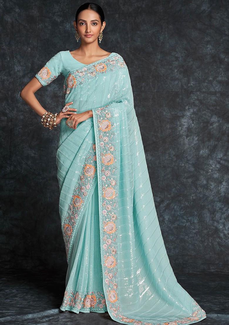 Blue Embroidered Poly Blend Saree Set With Blouse
