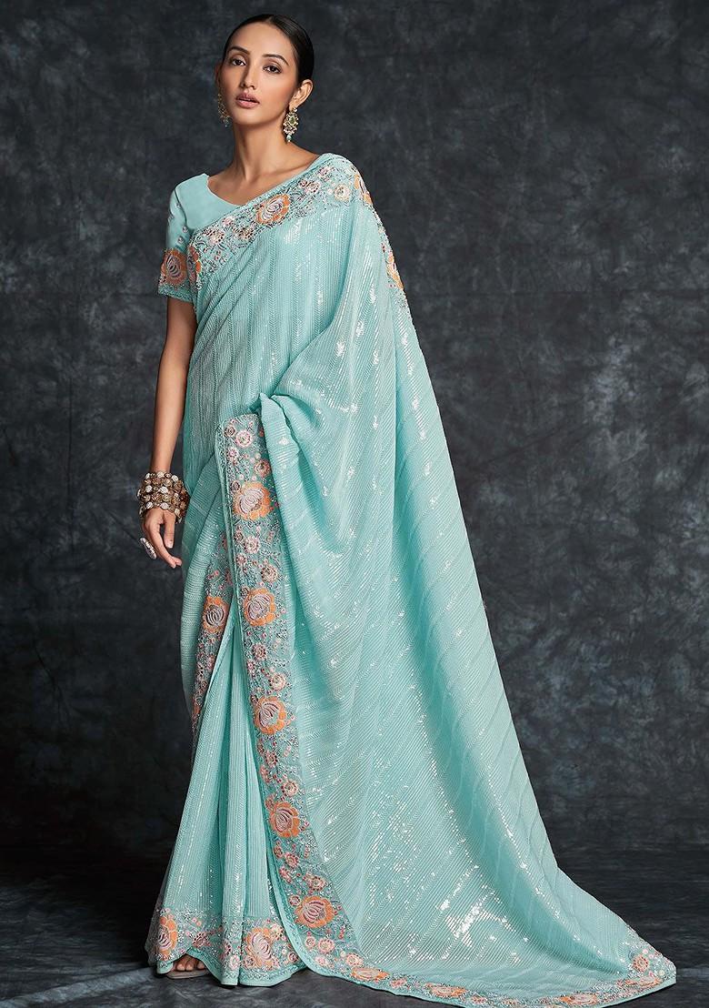 Blue Embroidered Poly Blend Saree Set With Blouse