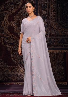 Lavender Embellished Poly Blend Saree Set With Blouse