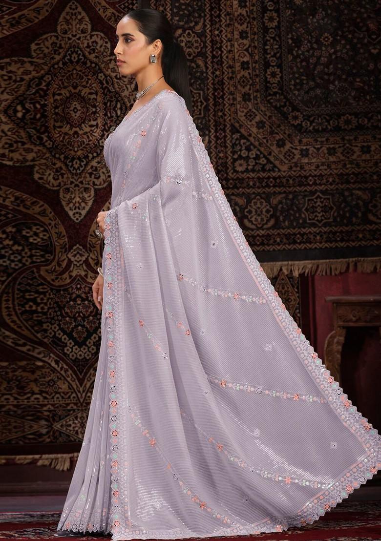 Lavender Embellished Poly Blend Saree Set With Blouse