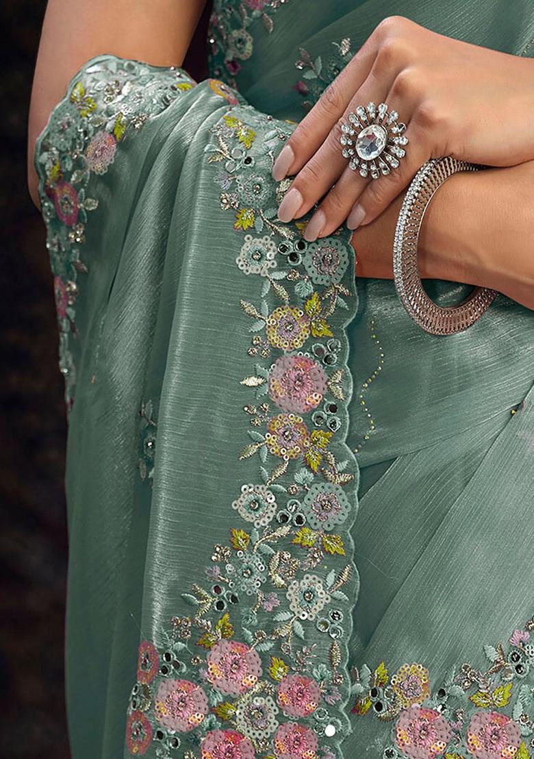 Turquoise Blue Embellished Poly Blend Saree Set With Blouse