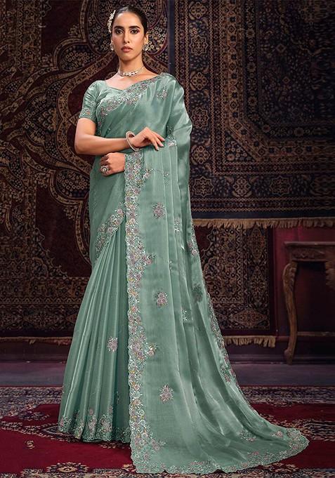 Turquoise Blue Embellished Poly Blend Saree Set With Blouse