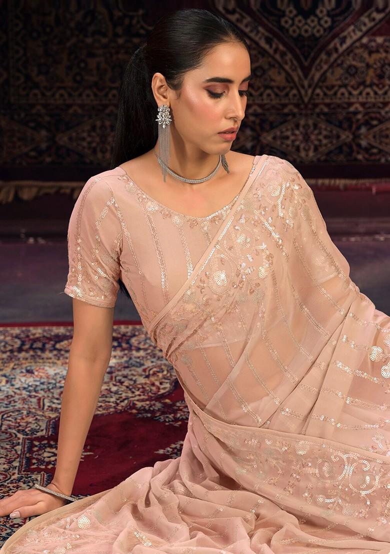 Lavender Embellished Poly Blend Saree Set With Blouse