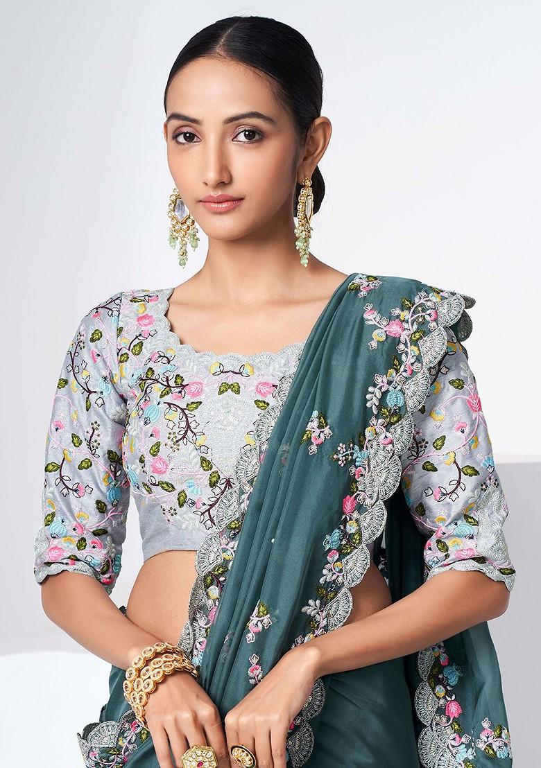 Teal Green Embroidered Poly Blend Saree Set With Blouse