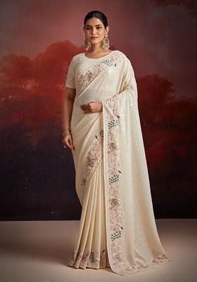 White Embellished Poly Blend Saree Set With Blouse