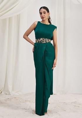 Green Embellished Poly Blend Saree Set With Blouse