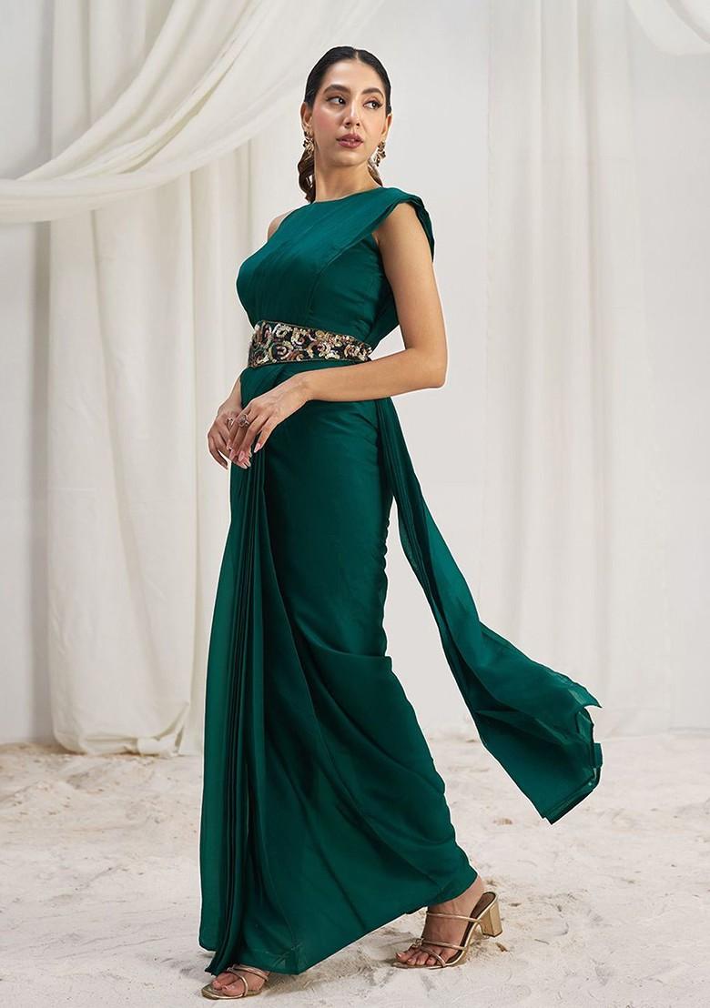 Green Embellished Poly Blend Saree Set With Blouse