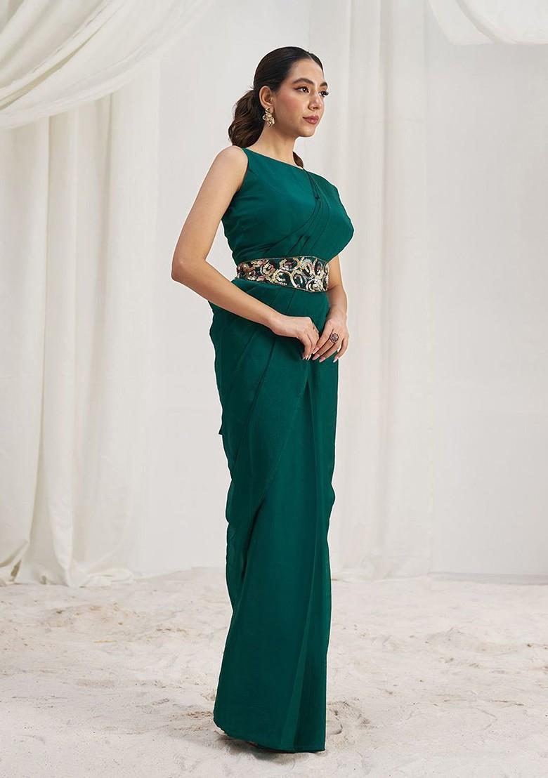 Green Embellished Poly Blend Saree Set With Blouse