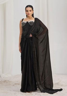 Black Embroidered Poly Blend Saree Set With Blouse