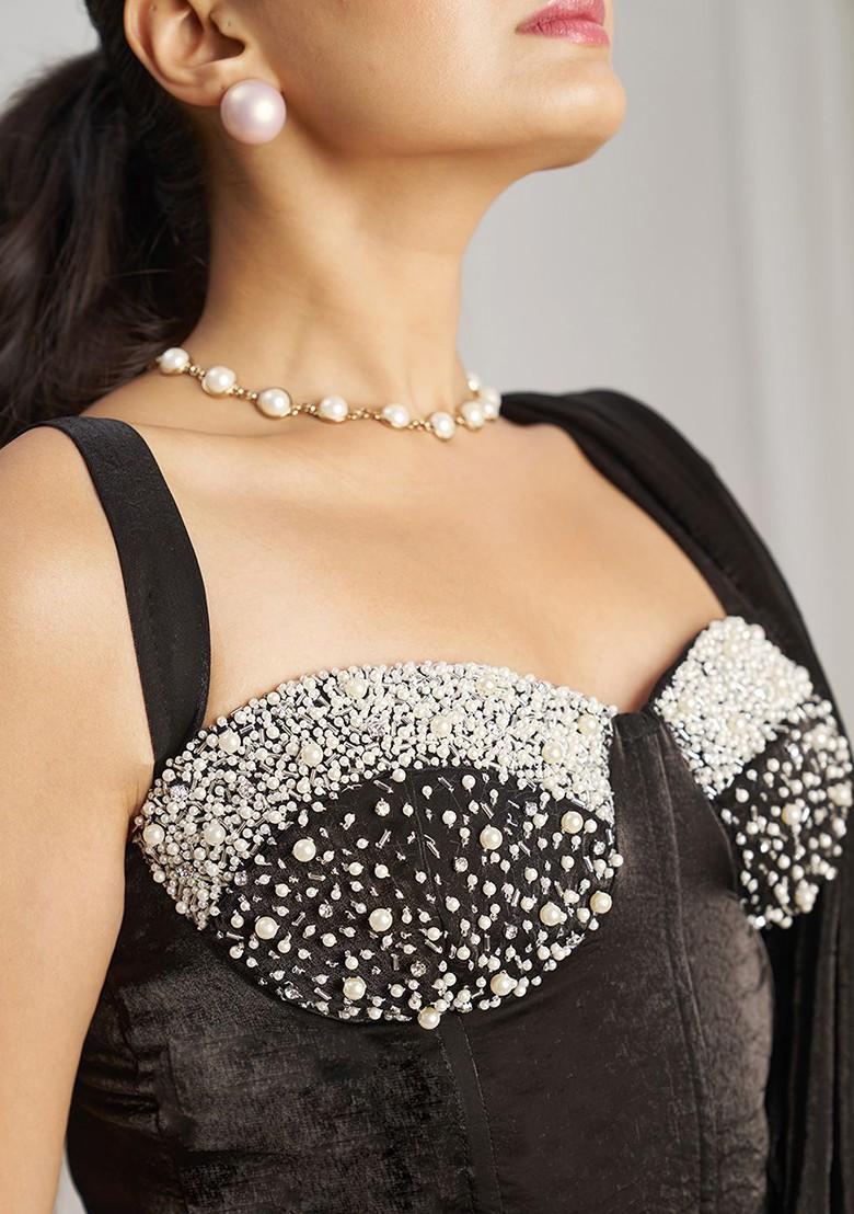 Black Embroidered Poly Blend Saree Set With Blouse