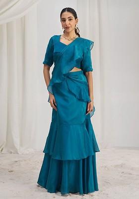 Teal Green Embellished Poly Blend Saree Set With Blouse