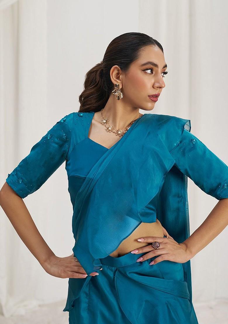 Teal Green Embellished Poly Blend Saree Set With Blouse