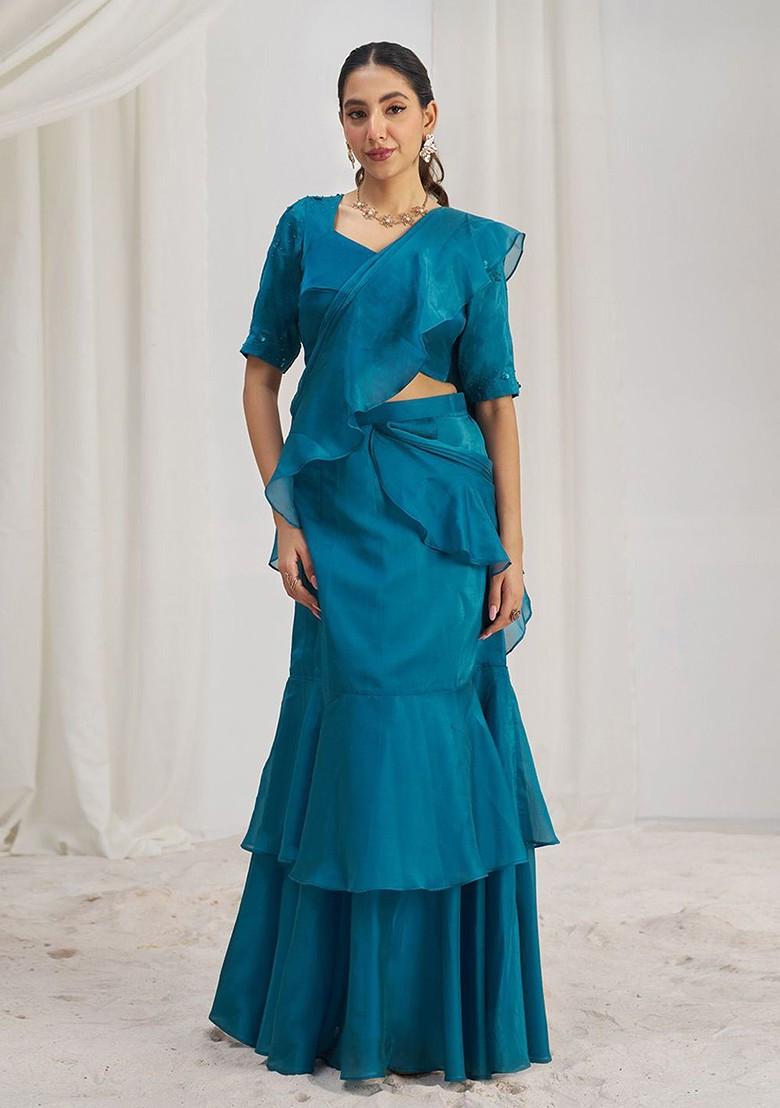 Teal Green Embellished Poly Blend Saree Set With Blouse