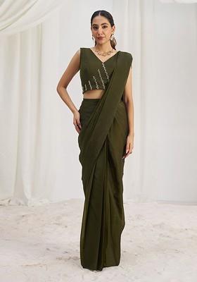 Olive Green Embroidered Poly Blend Saree Set With Blouse