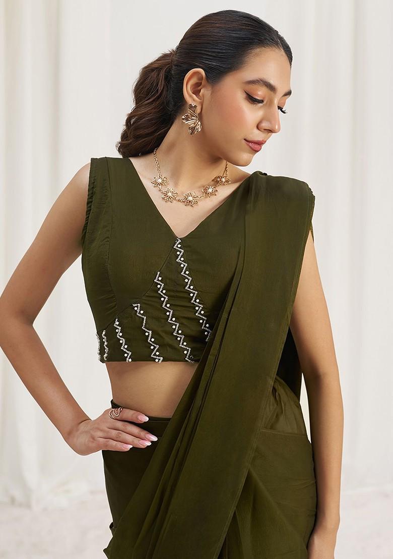 Olive Green Embroidered Poly Blend Saree Set With Blouse