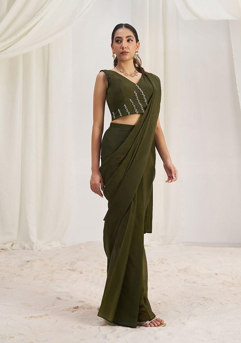 Olive Green Embroidered Poly Blend Saree Set With Blouse