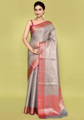 Multi Color Embroidererd Banarsi Silk Saree Set