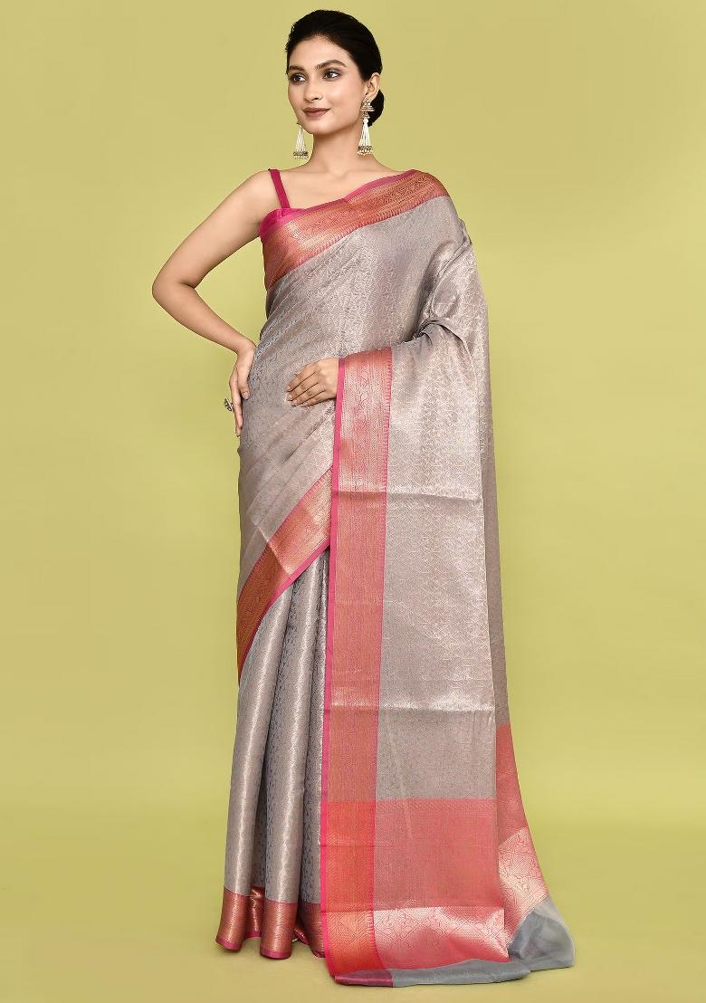Multi Color Embroidererd Banarsi Silk Saree Set