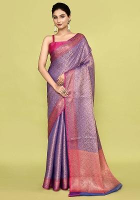 Metalic Purple Embroidererd Banarsi Silk Saree Set