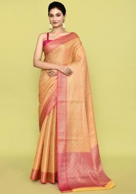 Yellow And Baby Pink Embroidererd Banarsi Silk Saree Set