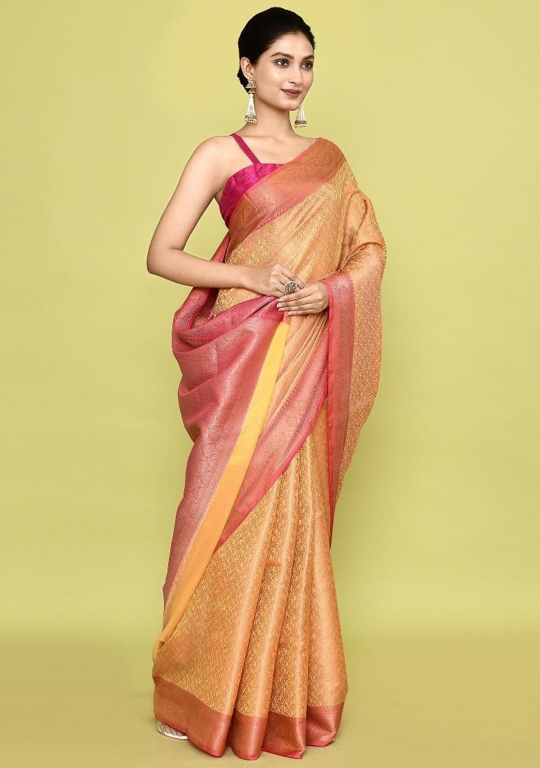 Yellow And Baby Pink Embroidererd Banarsi Silk Saree Set