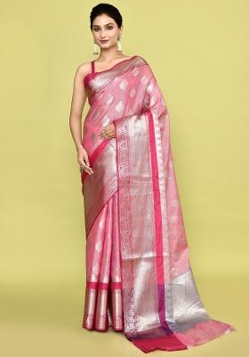 Light Pink And Silver Embroidererd Banarsi Silk Saree Set