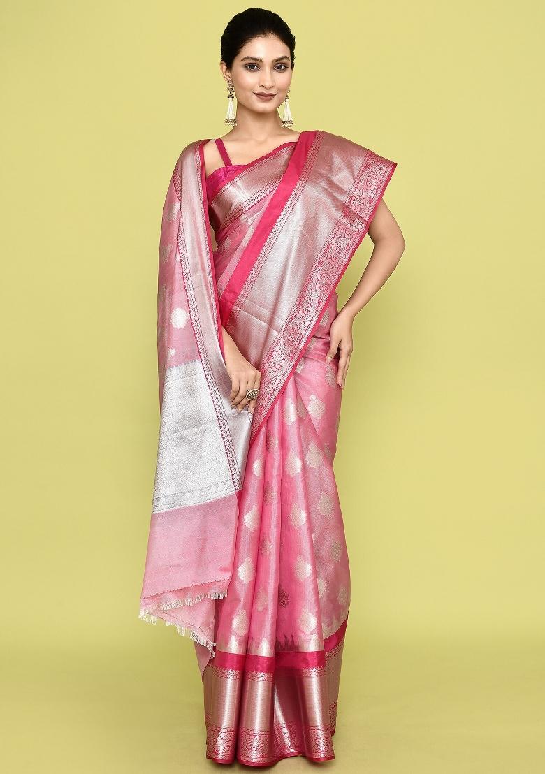 Light Pink And Silver Embroidererd Banarsi Silk Saree Set
