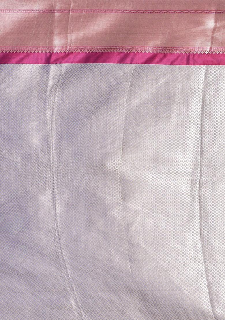 Light Pink And Silver Embroidererd Banarsi Silk Saree Set