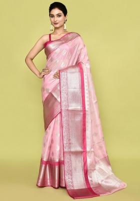 Light Pink And Silver Embroidererd Banarsi Silk Saree Set