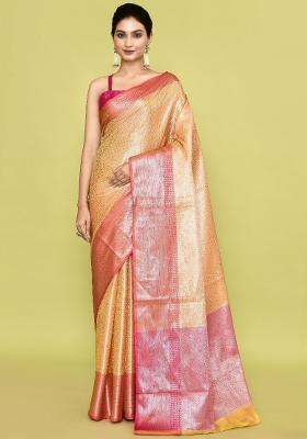 Metalic Yellow Embroidererd Banarsi Silk Saree Set