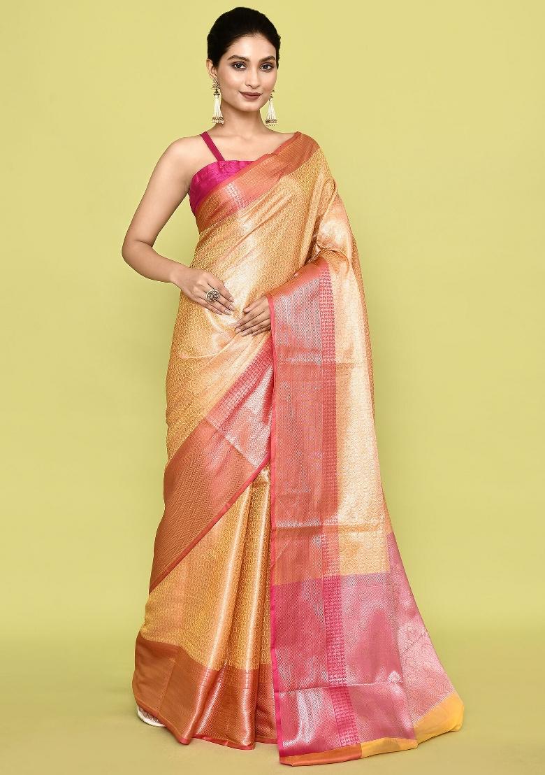 Metalic Yellow Embroidererd Banarsi Silk Saree Set