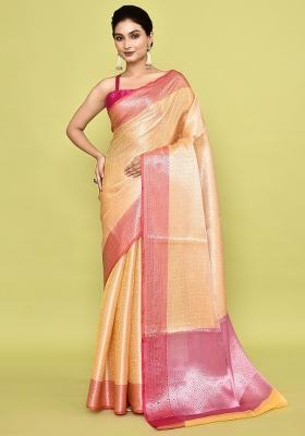 Yellow And Pink Embroidererd Banarsi Silk Saree Set