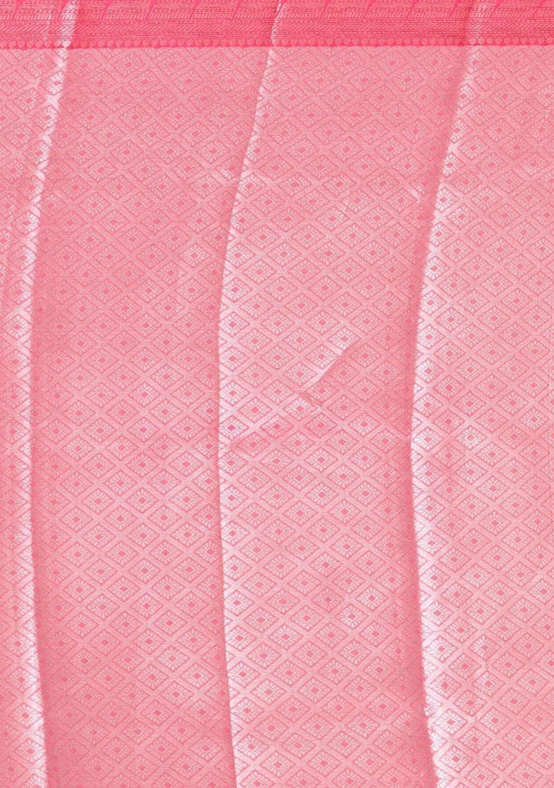 Yellow And Pink Embroidererd Banarsi Silk Saree Set