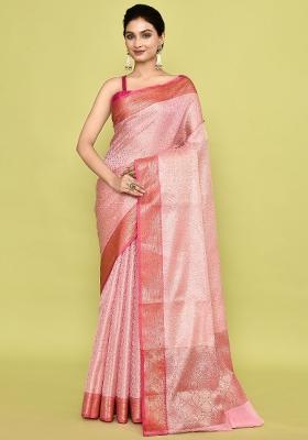 Light Pink Embroidererd Banarsi Silk Saree Set